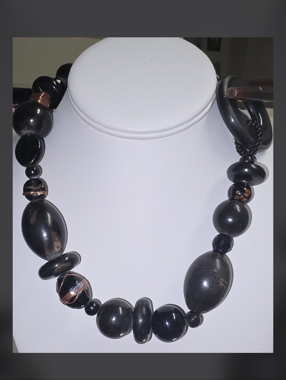 Vintage Chunky Black Horn & Lampwork Glass Bead Toggle Necklace